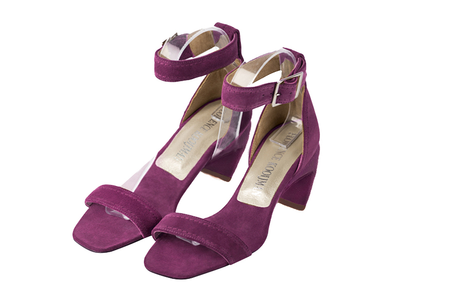 Handcrafted women's comfortable and elegant sandals with a strap around the ankle in premium mulberry purple leather. Medium comma heels. Square toe. Perfect for women's wedding guest heels, or elevated everyday style. 
                Choose from our luxurious collections of leather and fabric to perfectly match your sandals to your outfits.